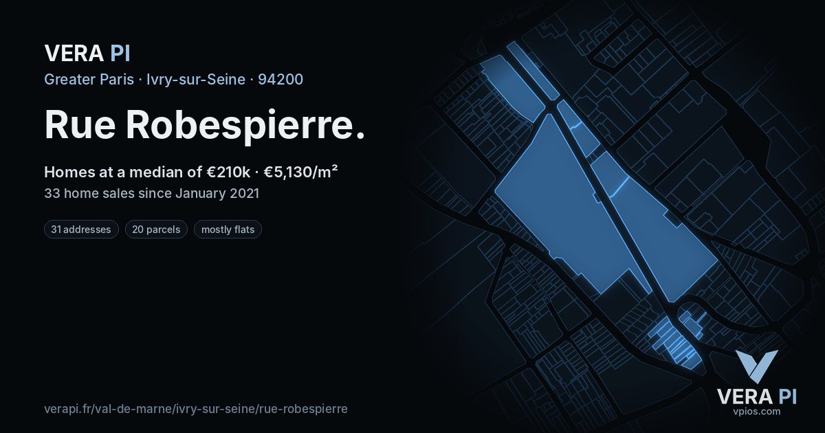 Rue Robespierre, Ivry-sur-Seine at night – every parcel coloured by the prices around it, the street's own parcels lit