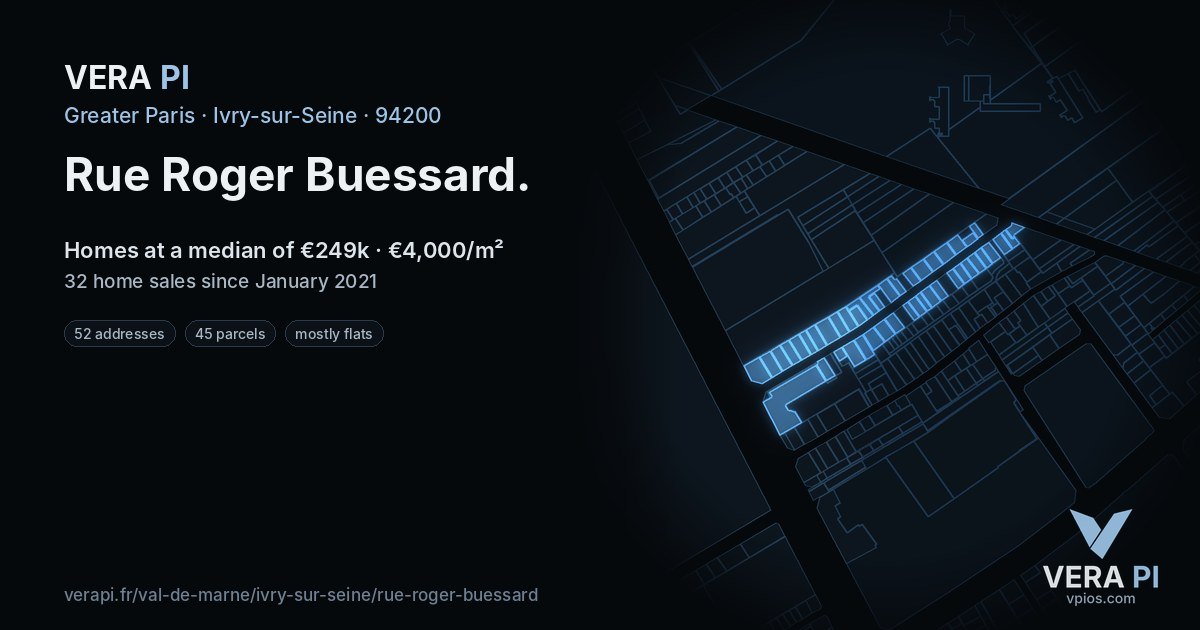 Rue Roger Buessard, Ivry-sur-Seine at night – every parcel coloured by the prices around it, the street's own parcels lit