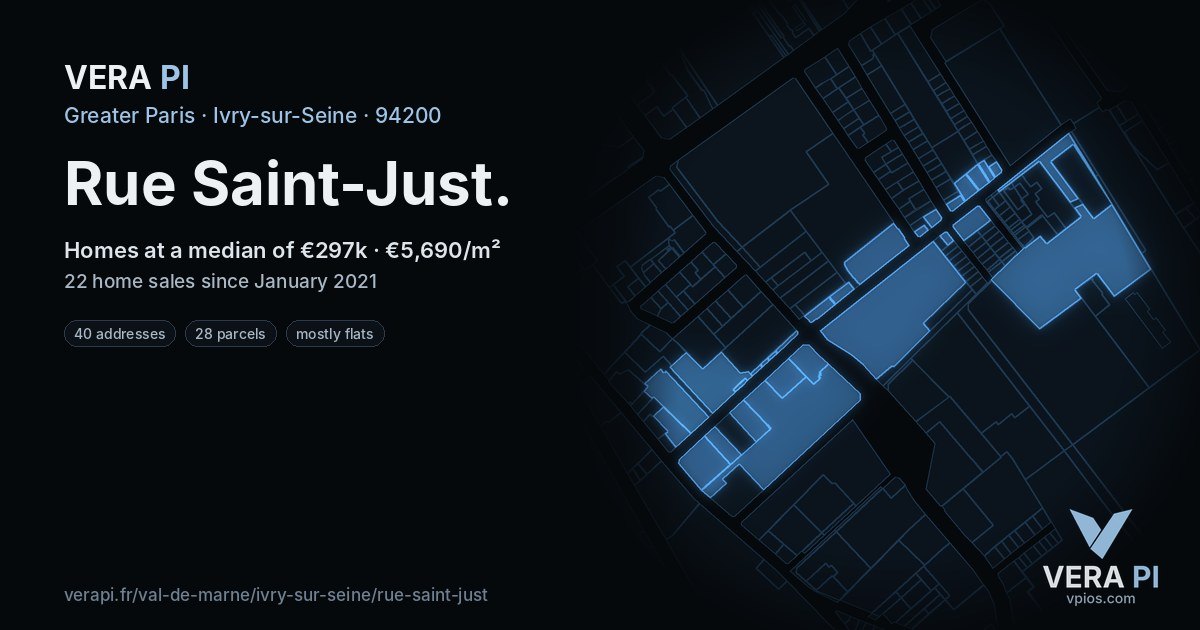 Rue Saint-Just, Ivry-sur-Seine at night – every parcel coloured by the prices around it, the street's own parcels lit