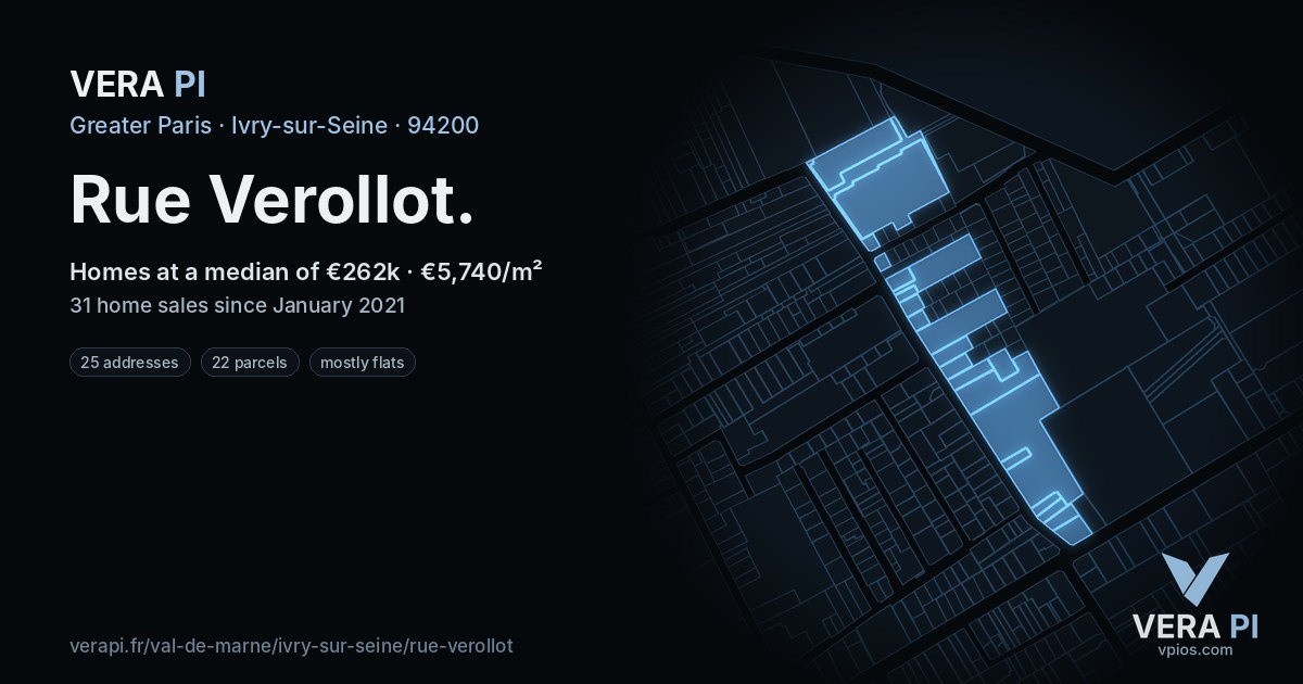 Rue Verollot, Ivry-sur-Seine at night – every parcel coloured by the prices around it, the street's own parcels lit