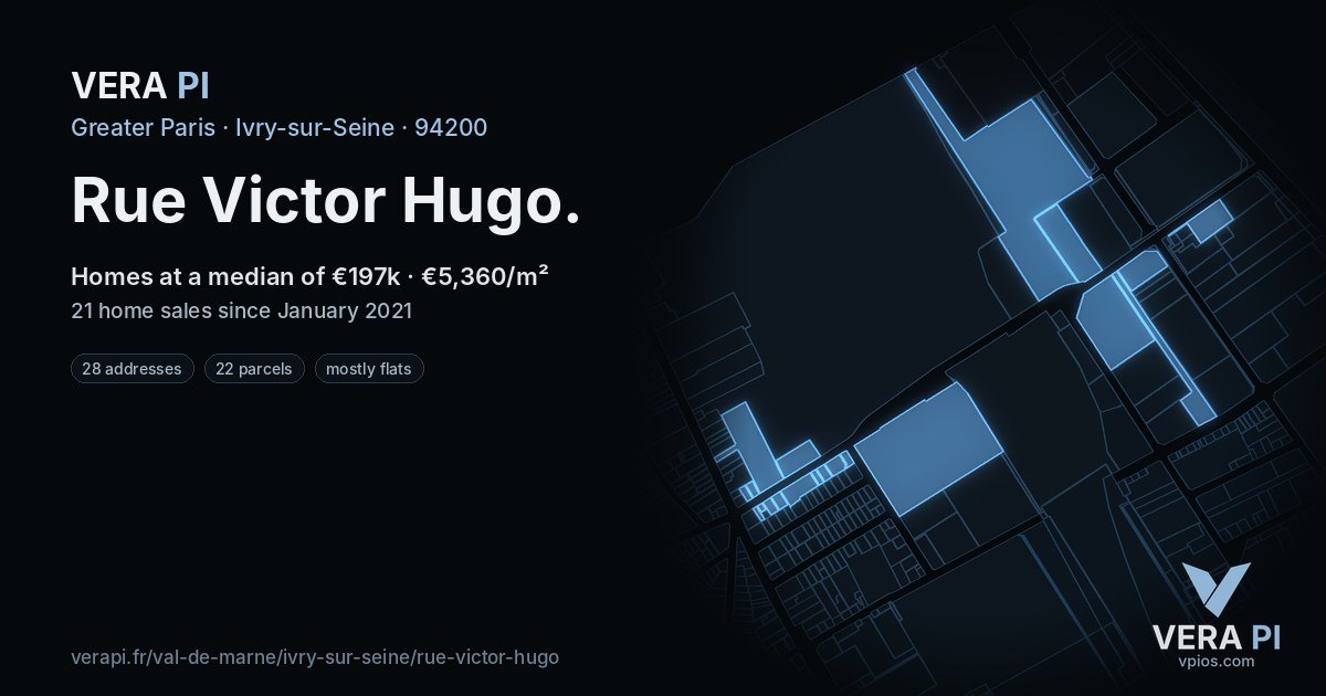 Rue Victor Hugo, Ivry-sur-Seine at night – every parcel coloured by the prices around it, the street's own parcels lit