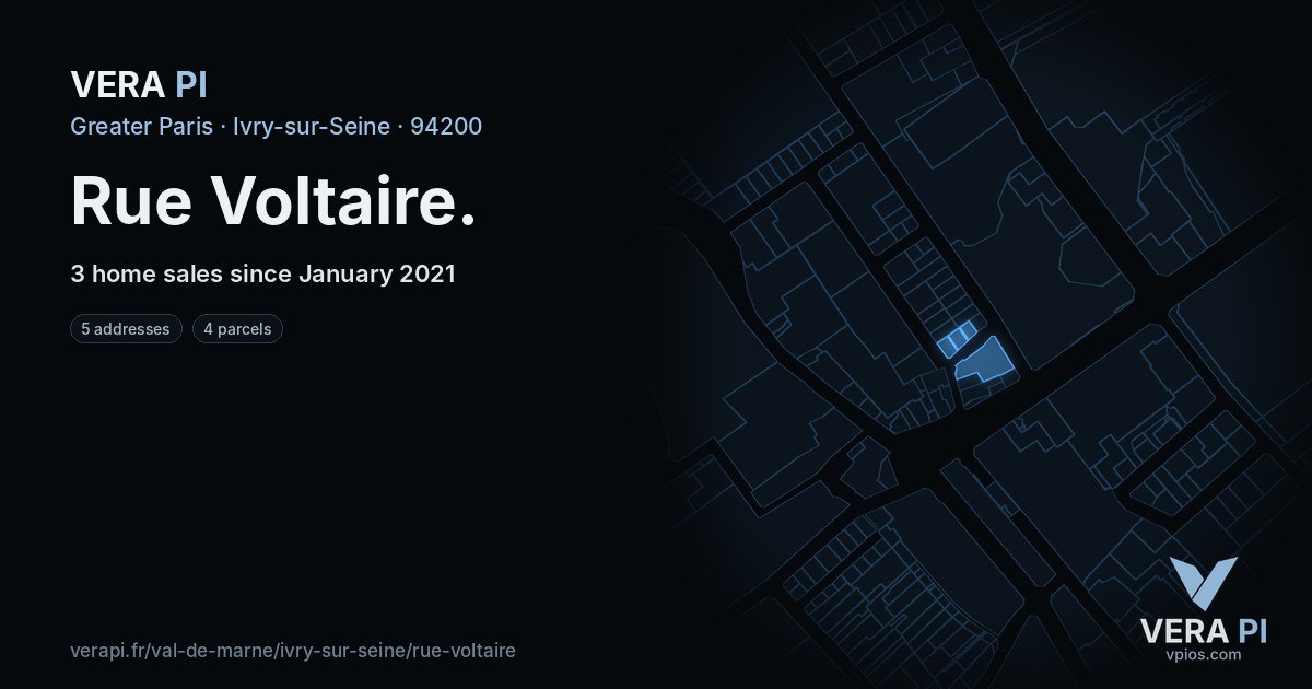 Rue Voltaire, Ivry-sur-Seine at night – every parcel coloured by the prices around it, the street's own parcels lit