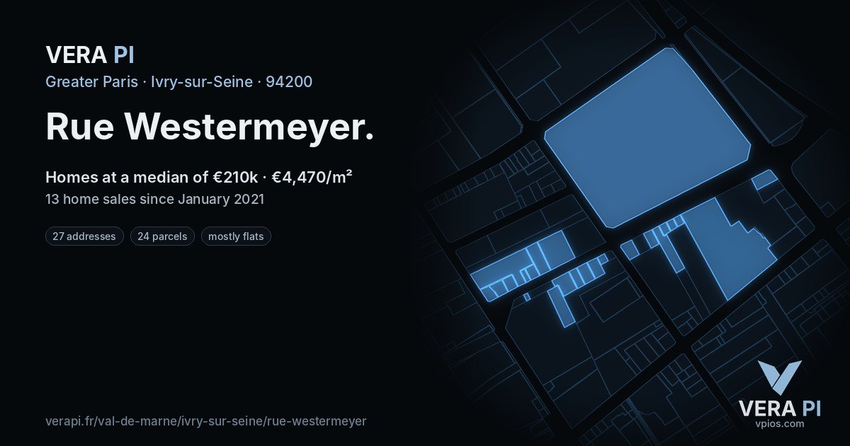 Rue Westermeyer, Ivry-sur-Seine at night – every parcel coloured by the prices around it, the street's own parcels lit