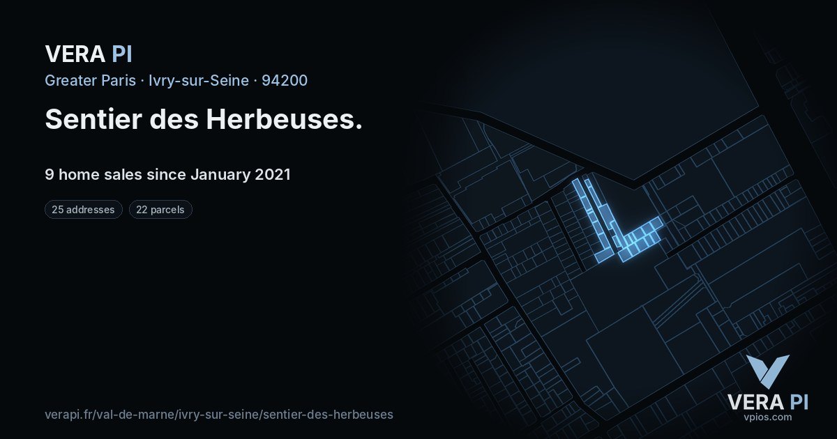 Sentier des Herbeuses, Ivry-sur-Seine at night – every parcel coloured by the prices around it, the street's own parcels lit