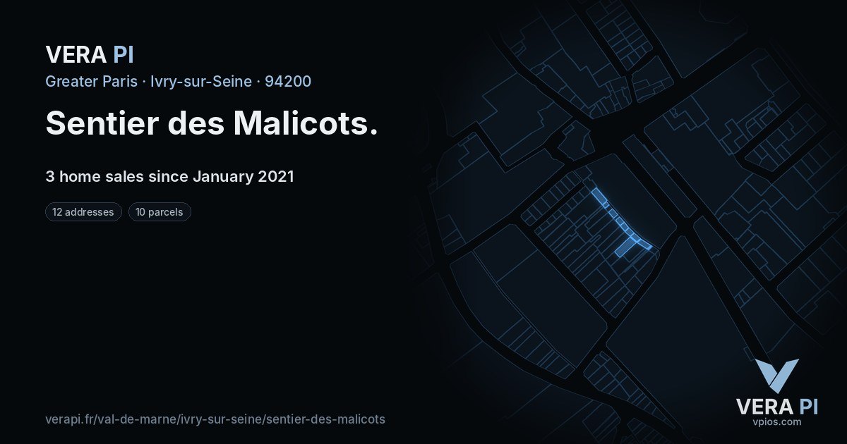 Sentier des Malicots, Ivry-sur-Seine at night – every parcel coloured by the prices around it, the street's own parcels lit