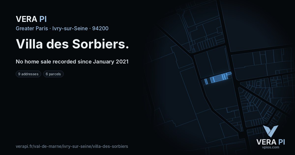 Villa des Sorbiers, Ivry-sur-Seine at night – every parcel coloured by the prices around it, the street's own parcels lit