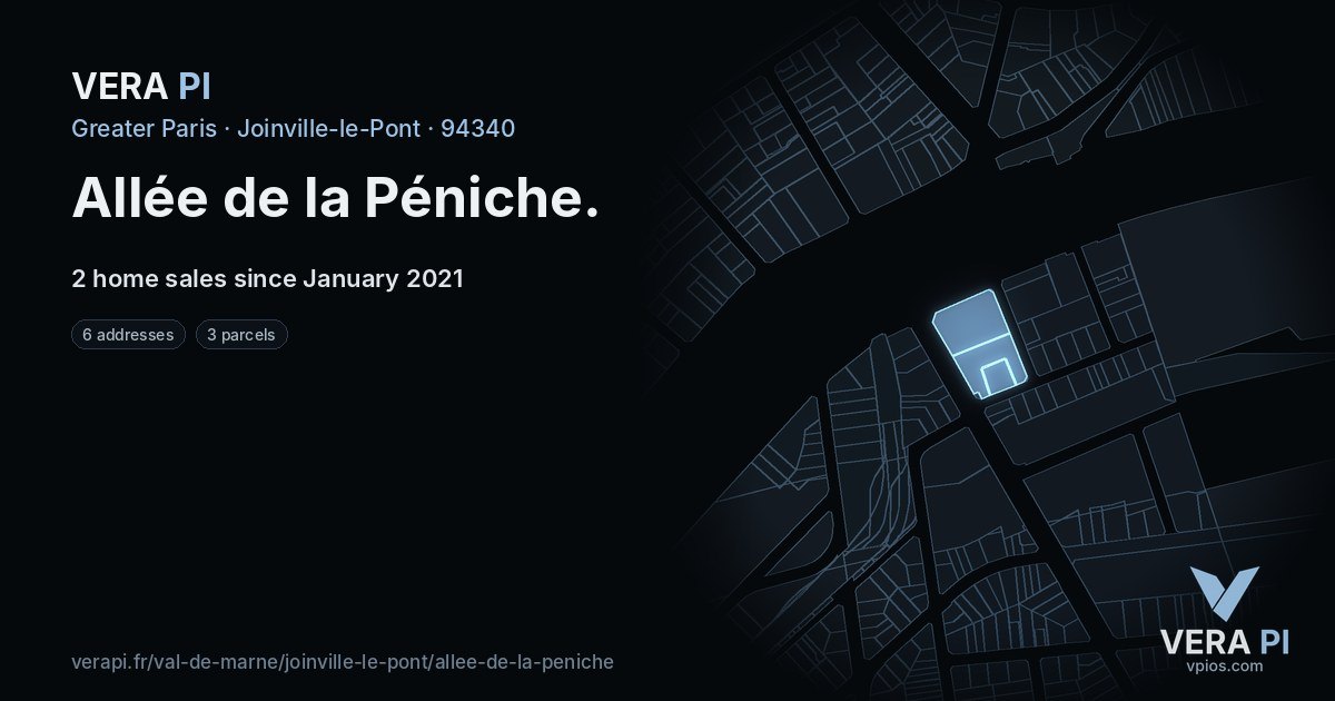 Allée de la Péniche, Joinville-le-Pont at night – every parcel coloured by the prices around it, the street's own parcels lit