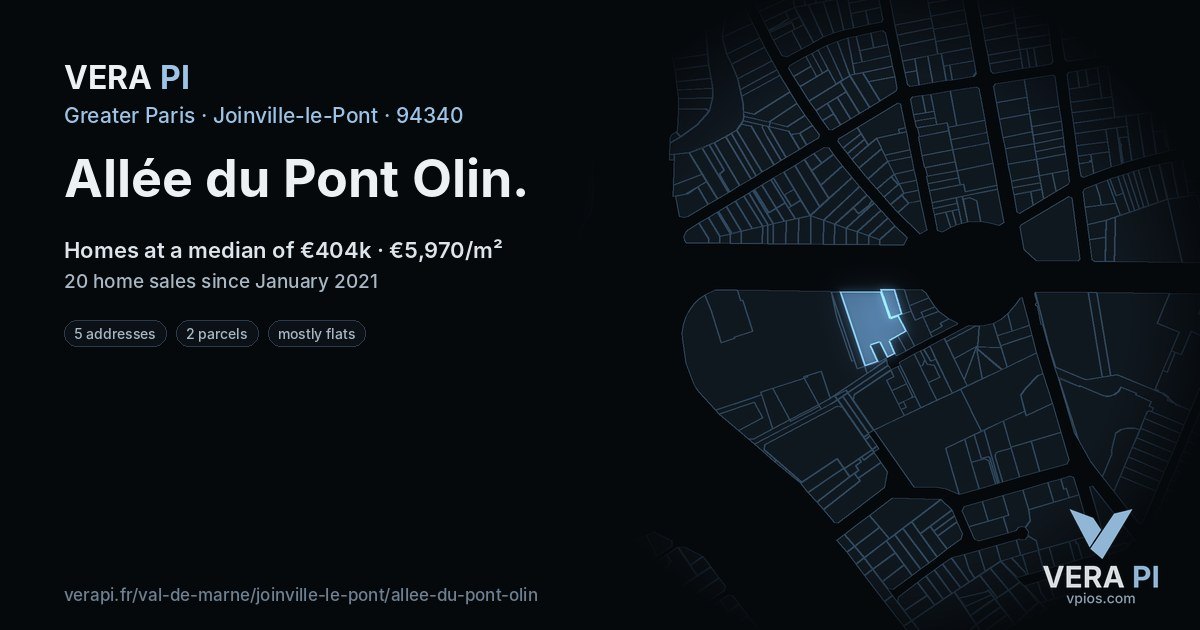 Allée du Pont Olin, Joinville-le-Pont at night – every parcel coloured by the prices around it, the street's own parcels lit