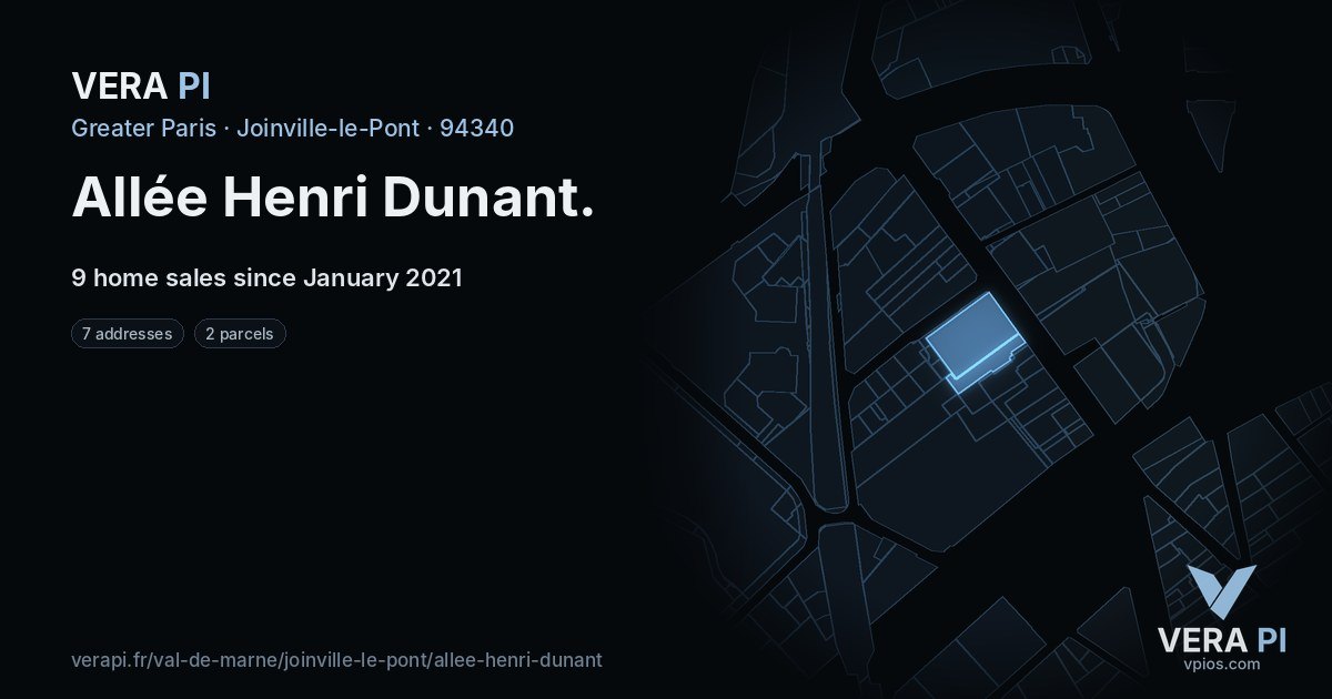 Allée Henri Dunant, Joinville-le-Pont at night – every parcel coloured by the prices around it, the street's own parcels lit