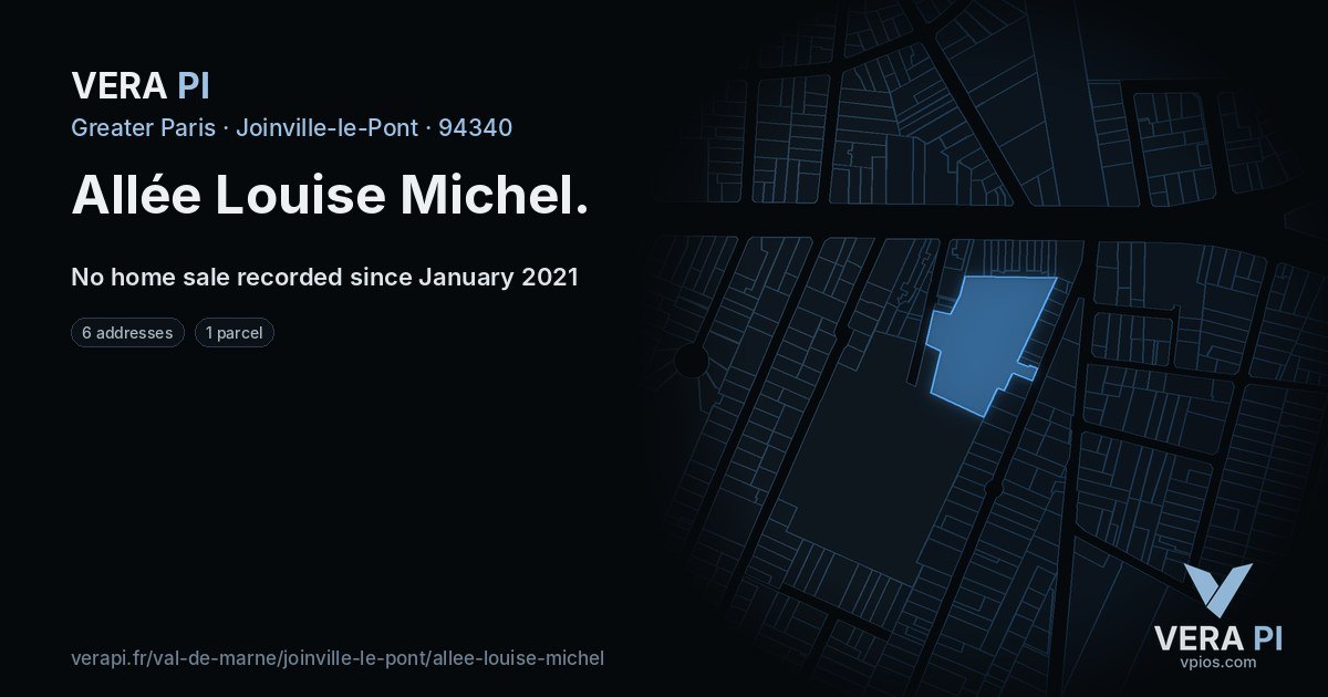 Allée Louise Michel, Joinville-le-Pont at night – every parcel coloured by the prices around it, the street's own parcels lit
