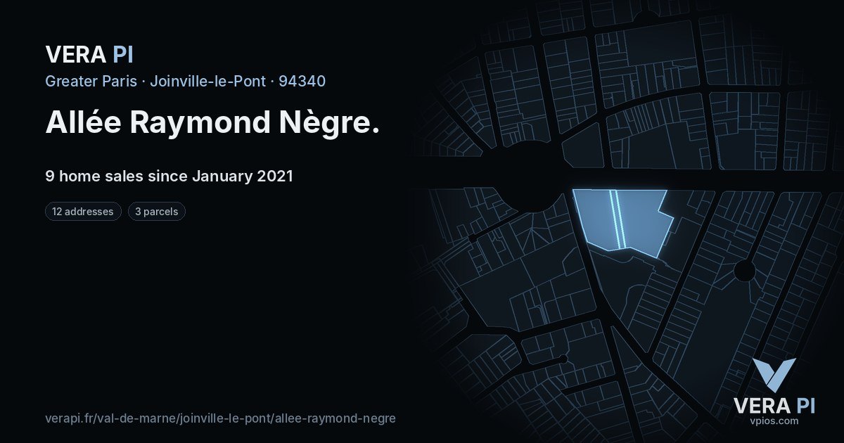 Allée Raymond Nègre, Joinville-le-Pont at night – every parcel coloured by the prices around it, the street's own parcels lit