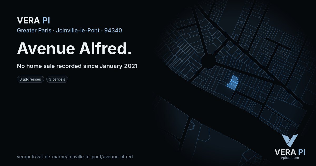 Avenue Alfred, Joinville-le-Pont at night – every parcel coloured by the prices around it, the street's own parcels lit