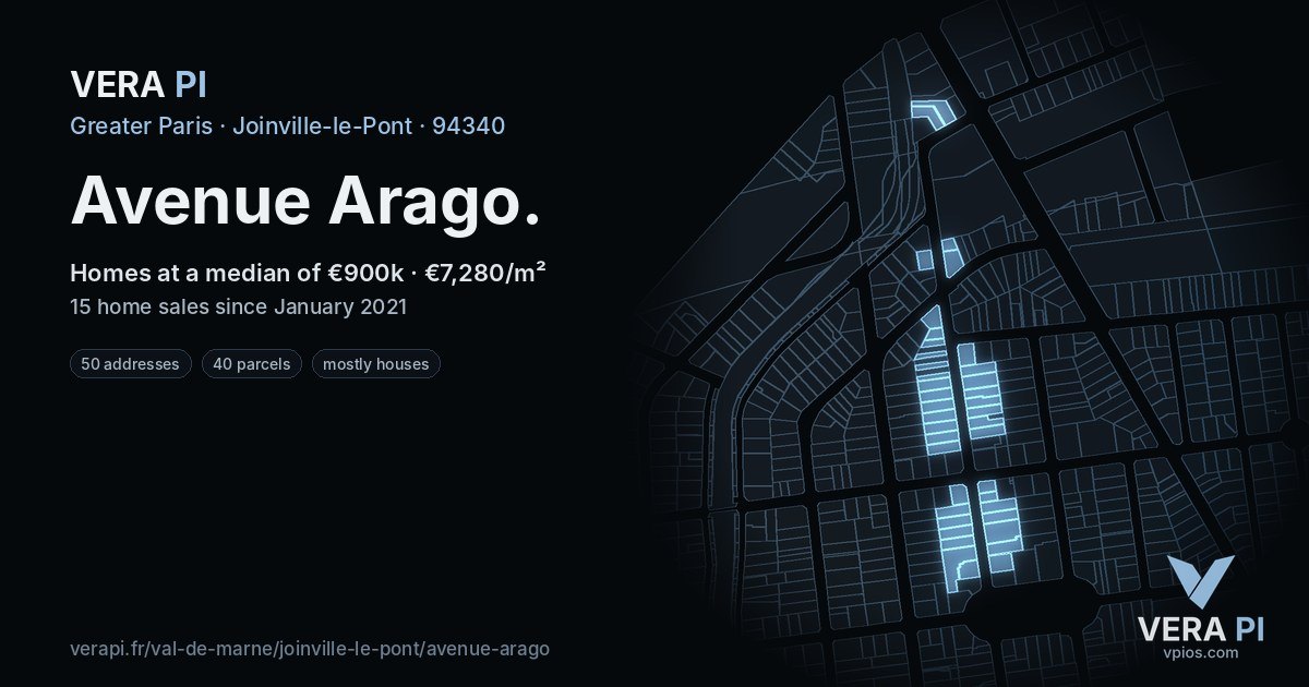 Avenue Arago, Joinville-le-Pont at night – every parcel coloured by the prices around it, the street's own parcels lit