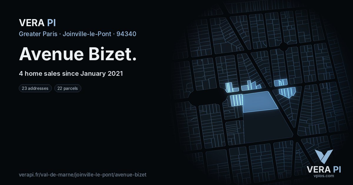 Avenue Bizet, Joinville-le-Pont at night – every parcel coloured by the prices around it, the street's own parcels lit