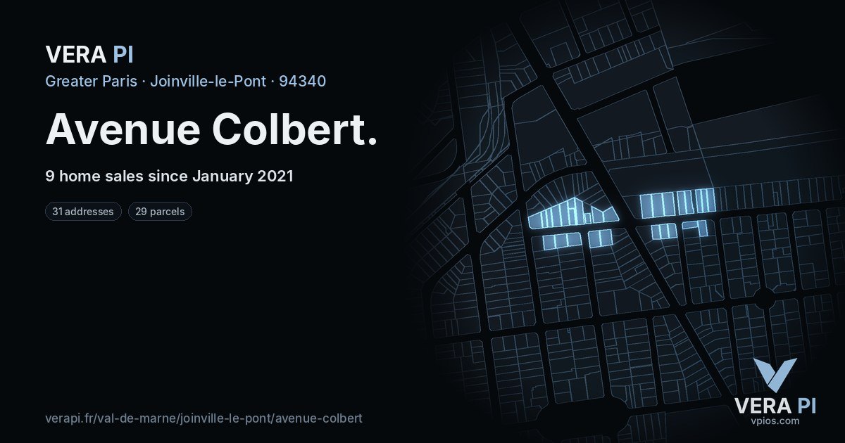 Avenue Colbert, Joinville-le-Pont at night – every parcel coloured by the prices around it, the street's own parcels lit