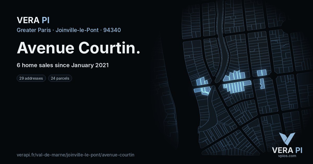 Avenue Courtin, Joinville-le-Pont at night – every parcel coloured by the prices around it, the street's own parcels lit