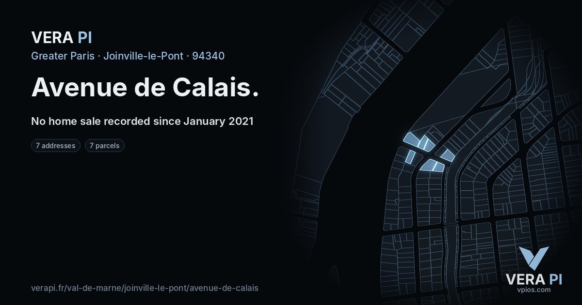 Avenue de Calais, Joinville-le-Pont at night – every parcel coloured by the prices around it, the street's own parcels lit