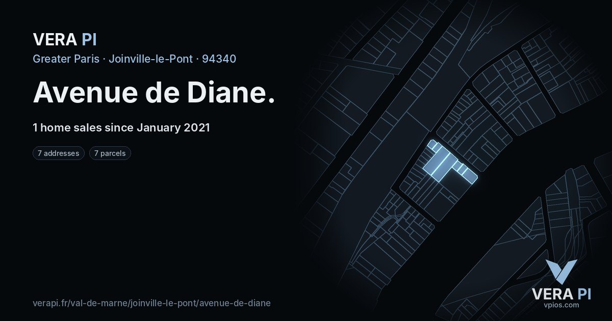 Avenue de Diane, Joinville-le-Pont at night – every parcel coloured by the prices around it, the street's own parcels lit