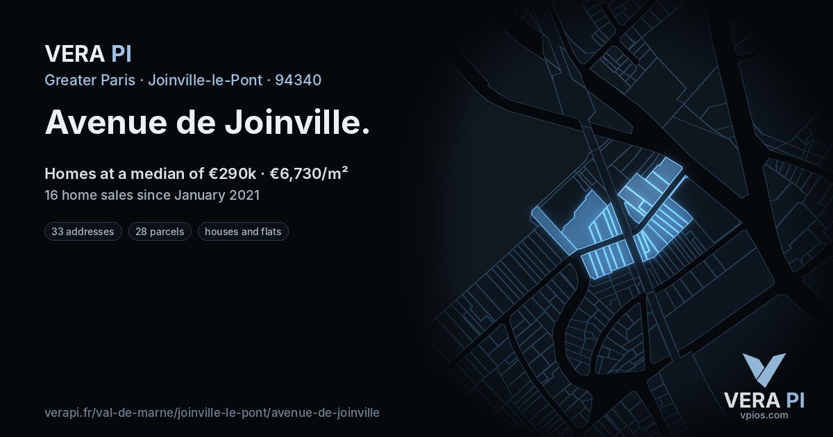 Avenue de Joinville, Joinville-le-Pont at night – every parcel coloured by the prices around it, the street's own parcels lit