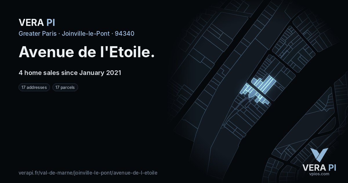 Avenue de l'Etoile, Joinville-le-Pont at night – every parcel coloured by the prices around it, the street's own parcels lit