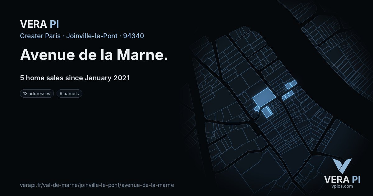 Avenue de la Marne, Joinville-le-Pont at night – every parcel coloured by the prices around it, the street's own parcels lit
