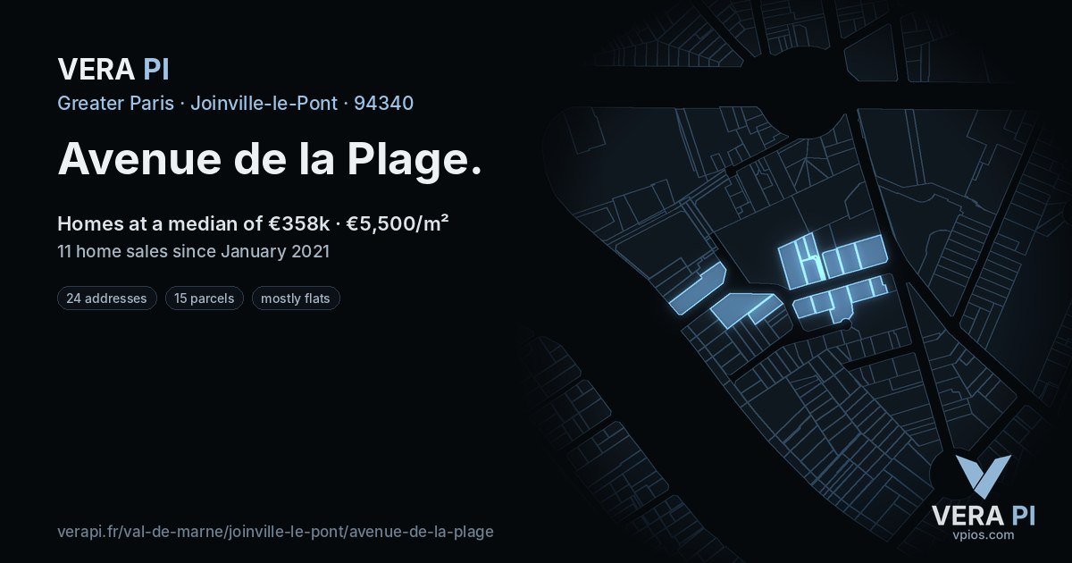 Avenue de la Plage, Joinville-le-Pont at night – every parcel coloured by the prices around it, the street's own parcels lit