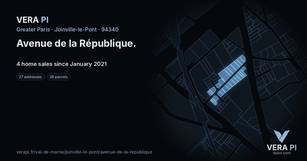 Avenue de la République, Joinville-le-Pont at night – every parcel coloured by the prices around it, the street's own parcels lit