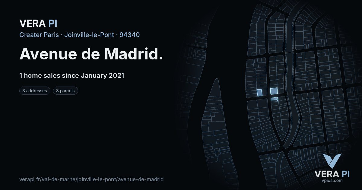 Avenue de Madrid, Joinville-le-Pont at night – every parcel coloured by the prices around it, the street's own parcels lit