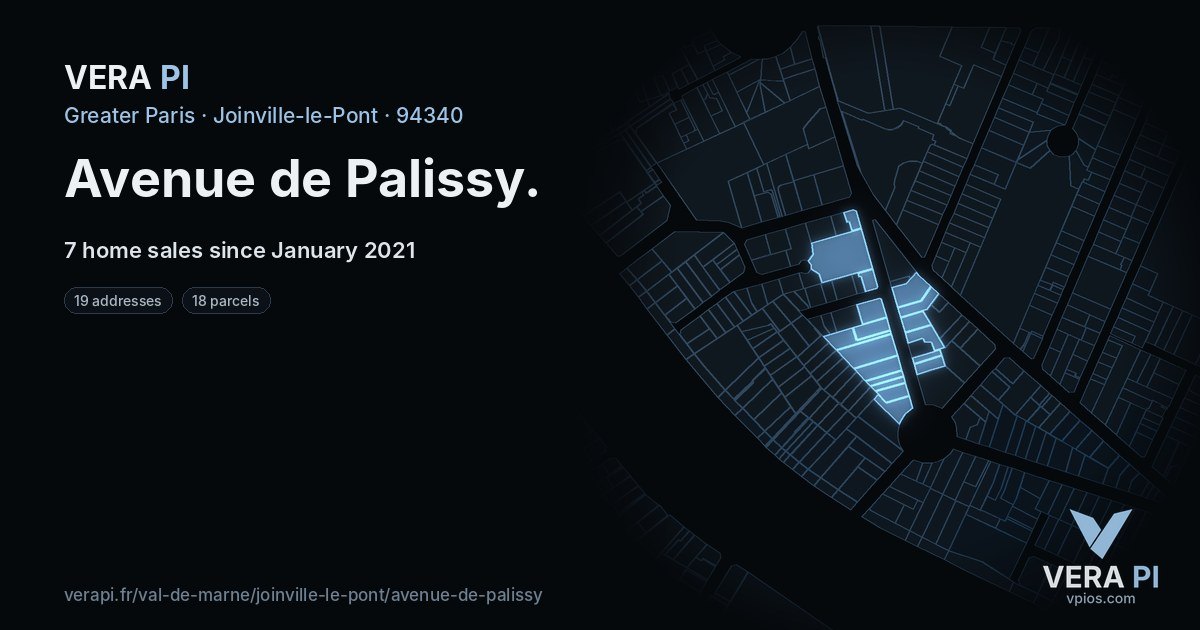 Avenue de Palissy, Joinville-le-Pont at night – every parcel coloured by the prices around it, the street's own parcels lit