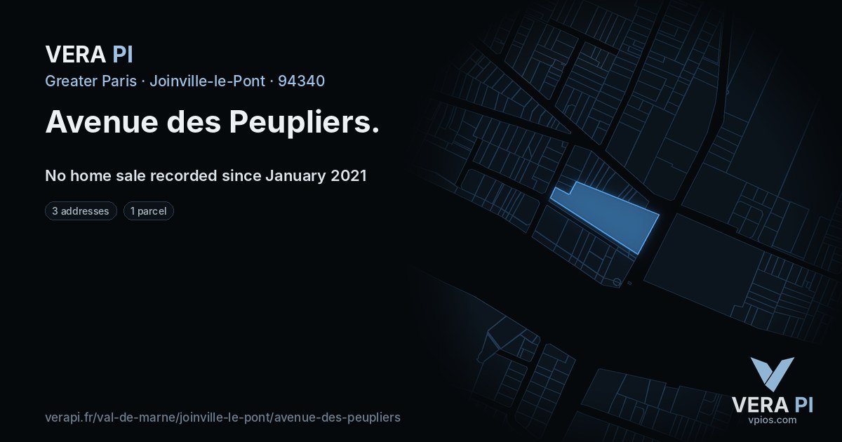 Avenue des Peupliers, Joinville-le-Pont at night – every parcel coloured by the prices around it, the street's own parcels lit