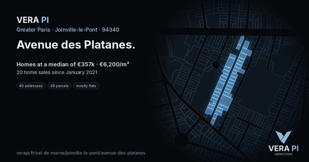 Avenue des Platanes, Joinville-le-Pont at night – every parcel coloured by the prices around it, the street's own parcels lit