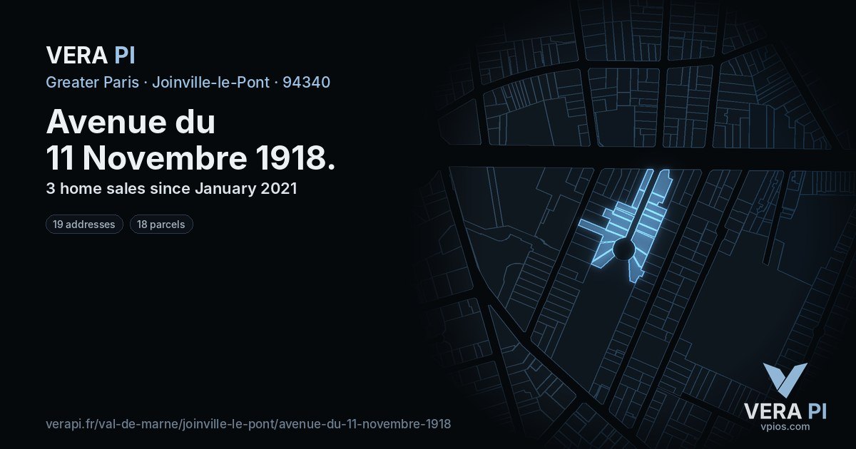 Avenue du 11 Novembre 1918, Joinville-le-Pont at night – every parcel coloured by the prices around it, the street's own parcels lit