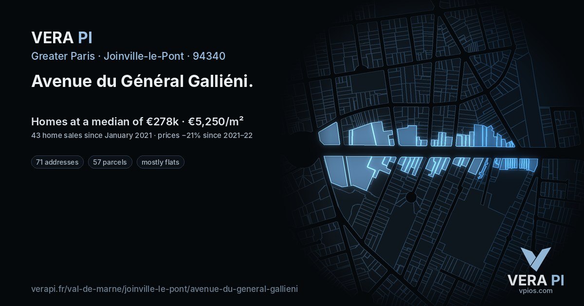 Avenue du Général Galliéni, Joinville-le-Pont at night – every parcel coloured by the prices around it, the street's own parcels lit