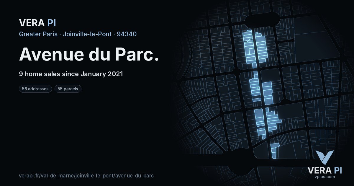 Avenue du Parc, Joinville-le-Pont at night – every parcel coloured by the prices around it, the street's own parcels lit