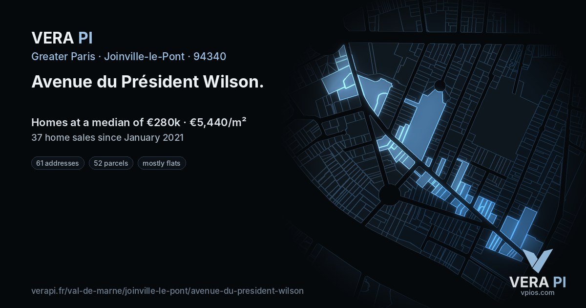 Avenue du Président Wilson, Joinville-le-Pont at night – every parcel coloured by the prices around it, the street's own parcels lit