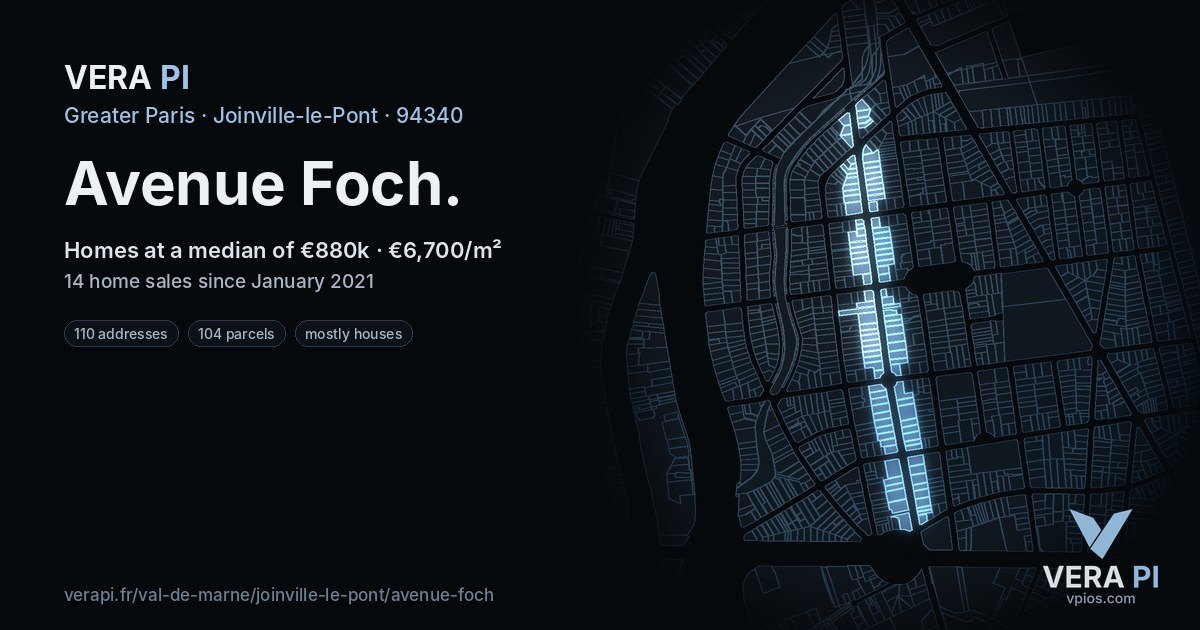 Avenue Foch, Joinville-le-Pont at night – every parcel coloured by the prices around it, the street's own parcels lit