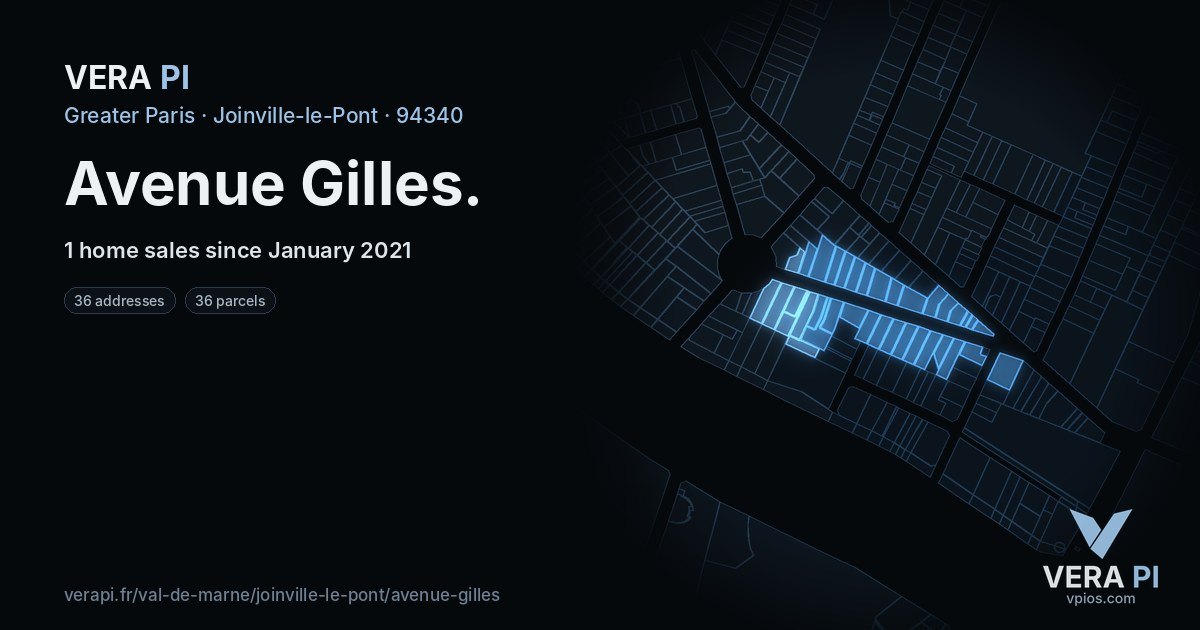 Avenue Gilles, Joinville-le-Pont at night – every parcel coloured by the prices around it, the street's own parcels lit