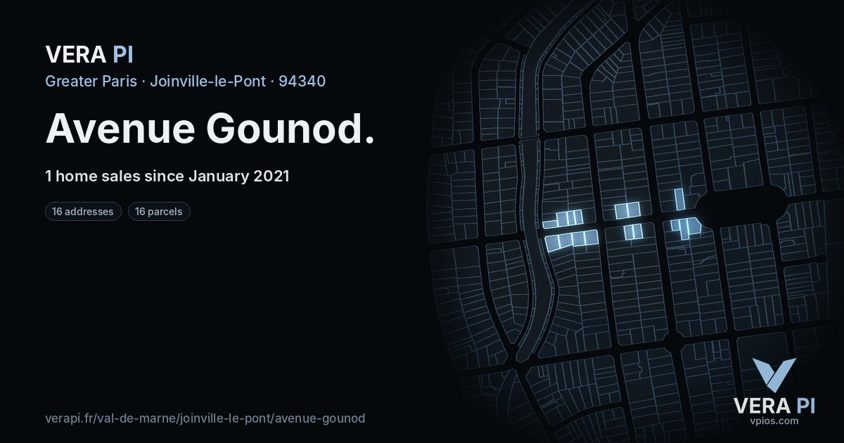 Avenue Gounod, Joinville-le-Pont at night – every parcel coloured by the prices around it, the street's own parcels lit