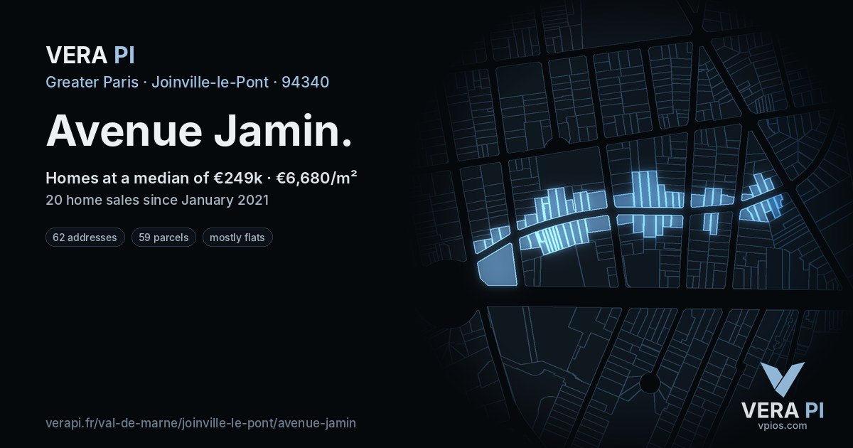 Avenue Jamin, Joinville-le-Pont at night – every parcel coloured by the prices around it, the street's own parcels lit