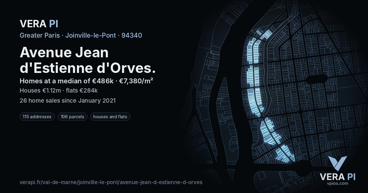 Avenue Jean d'Estienne d'Orves, Joinville-le-Pont at night – every parcel coloured by the prices around it, the street's own parcels lit