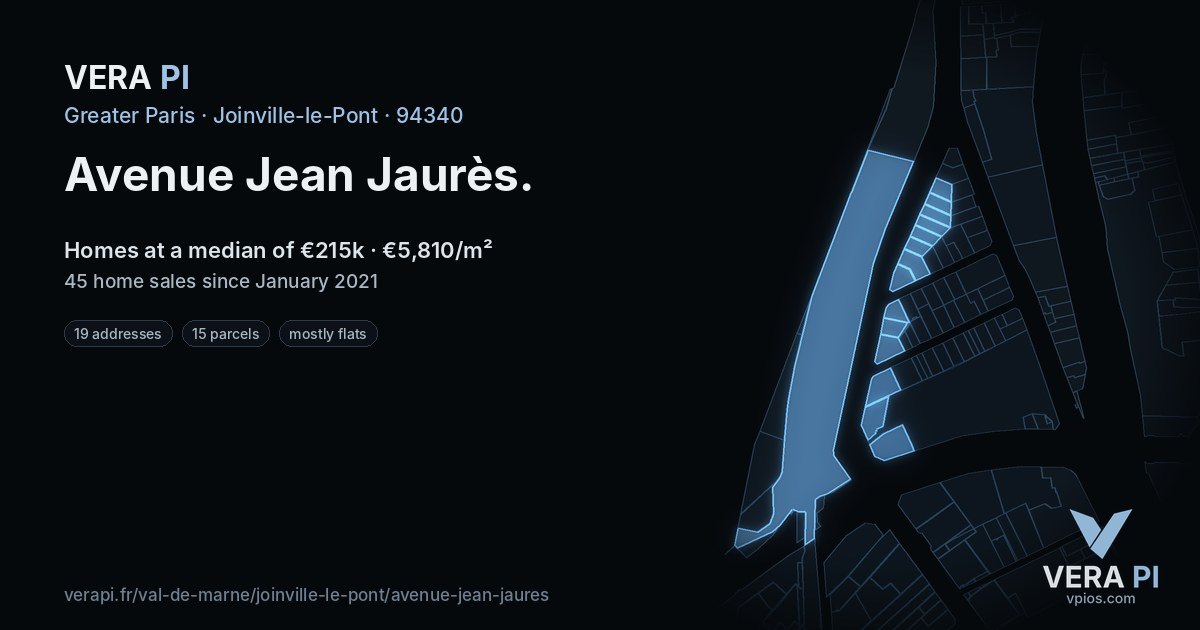 Avenue Jean Jaurès, Joinville-le-Pont at night – every parcel coloured by the prices around it, the street's own parcels lit