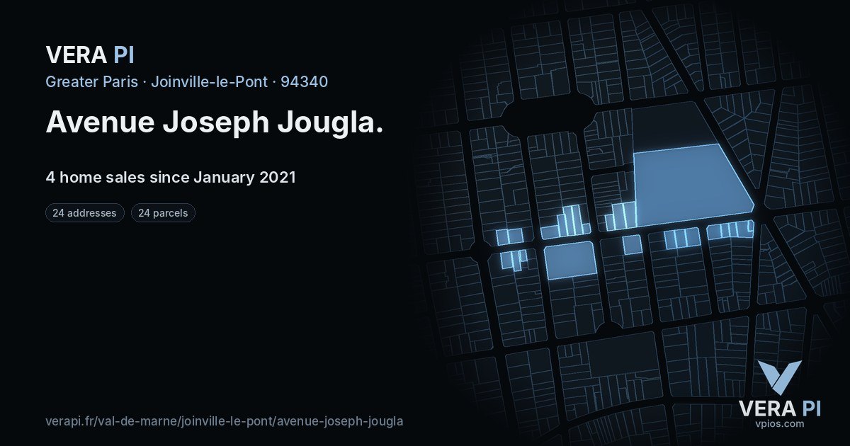 Avenue Joseph Jougla, Joinville-le-Pont at night – every parcel coloured by the prices around it, the street's own parcels lit