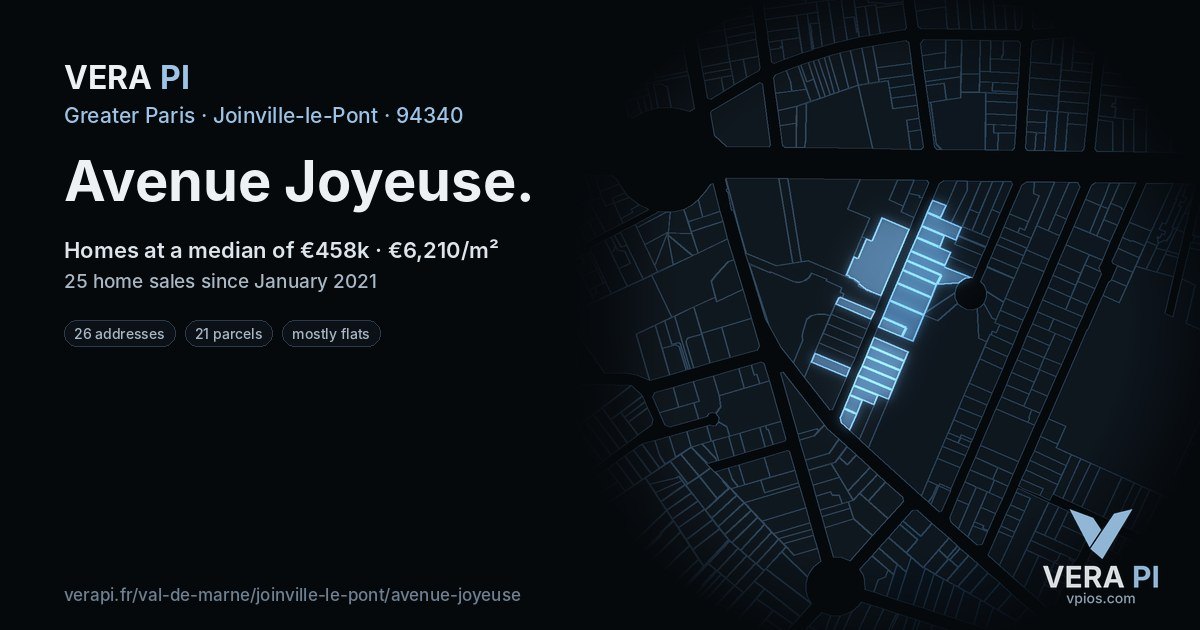 Avenue Joyeuse, Joinville-le-Pont at night – every parcel coloured by the prices around it, the street's own parcels lit