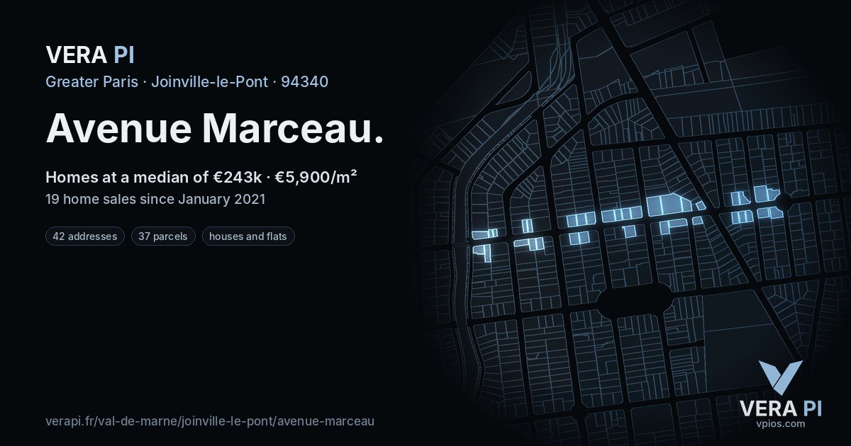 Avenue Marceau, Joinville-le-Pont at night – every parcel coloured by the prices around it, the street's own parcels lit