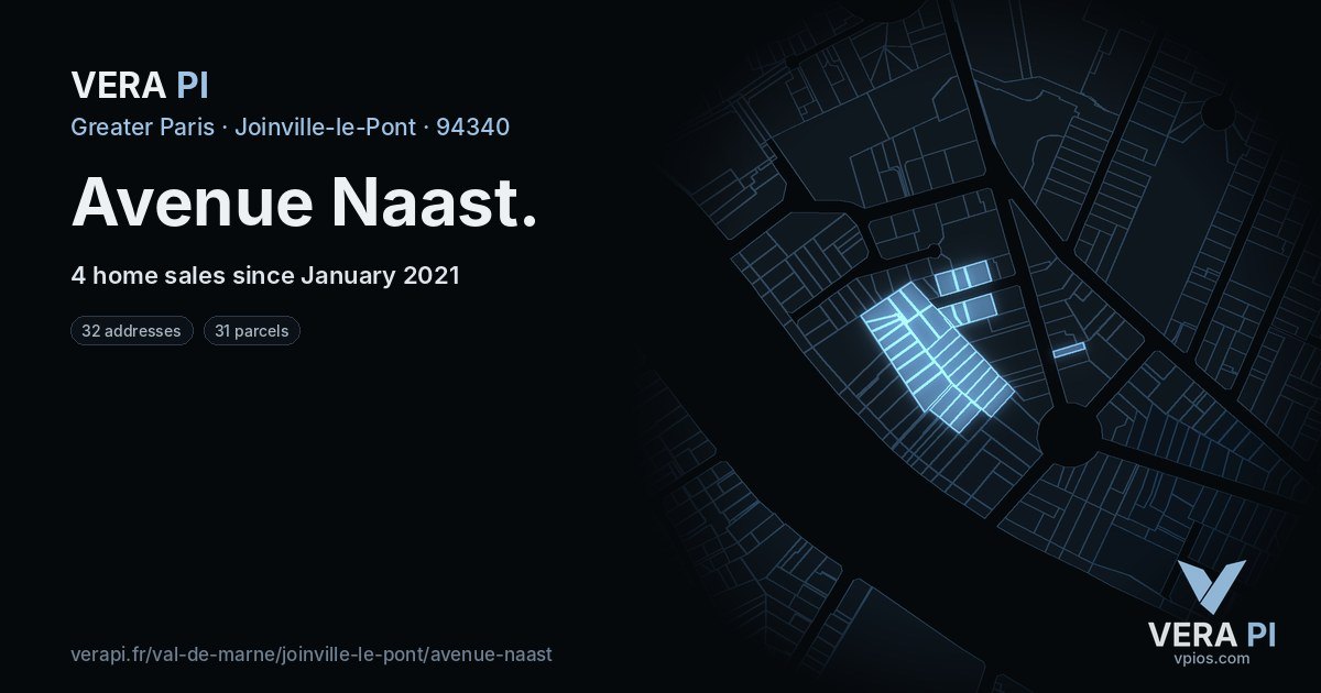 Avenue Naast, Joinville-le-Pont at night – every parcel coloured by the prices around it, the street's own parcels lit