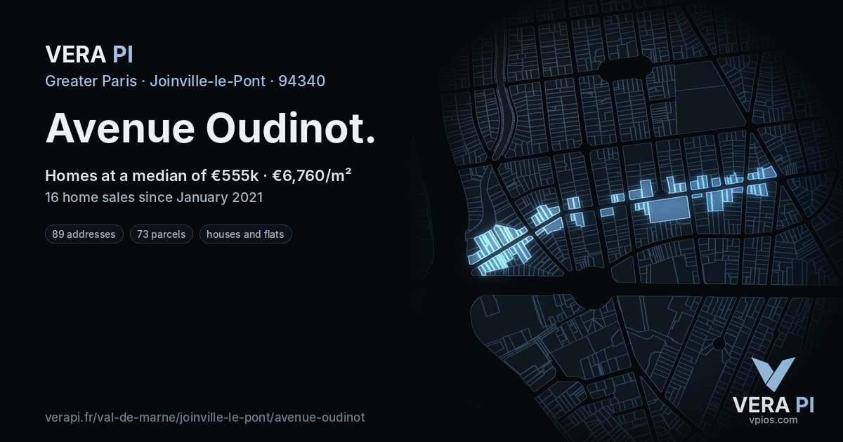 Avenue Oudinot, Joinville-le-Pont at night – every parcel coloured by the prices around it, the street's own parcels lit