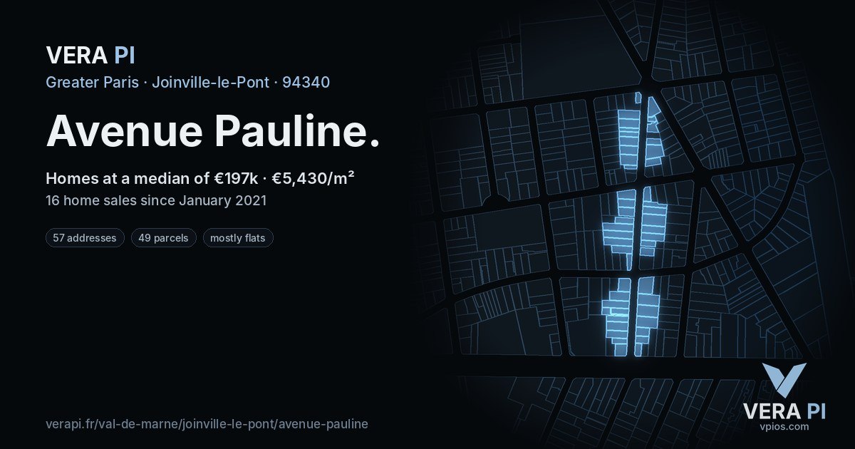 Avenue Pauline, Joinville-le-Pont at night – every parcel coloured by the prices around it, the street's own parcels lit