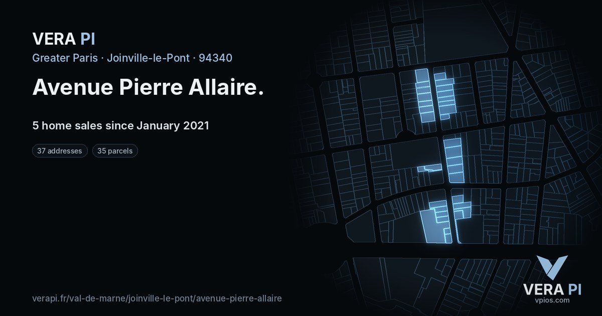 Avenue Pierre Allaire, Joinville-le-Pont at night – every parcel coloured by the prices around it, the street's own parcels lit