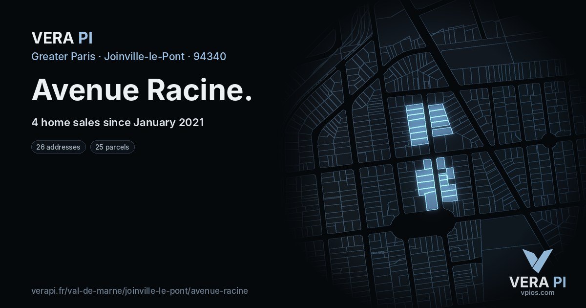 Avenue Racine, Joinville-le-Pont at night – every parcel coloured by the prices around it, the street's own parcels lit