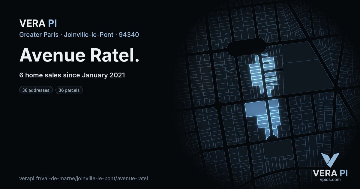 Avenue Ratel, Joinville-le-Pont at night – every parcel coloured by the prices around it, the street's own parcels lit